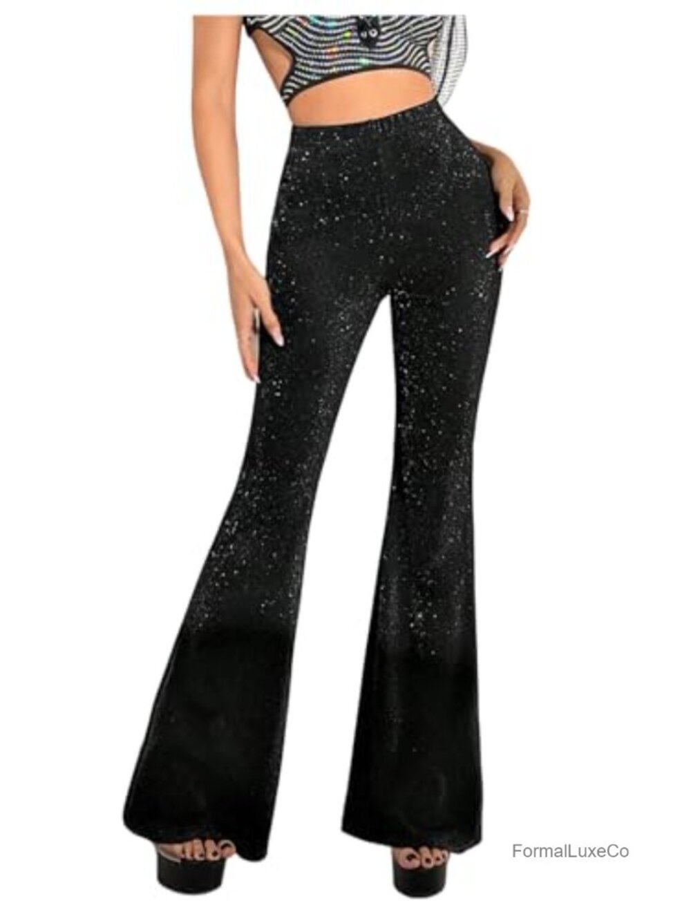 Glitter High Waist Flare Pants Sparkly Bell Bottom Night Out Party